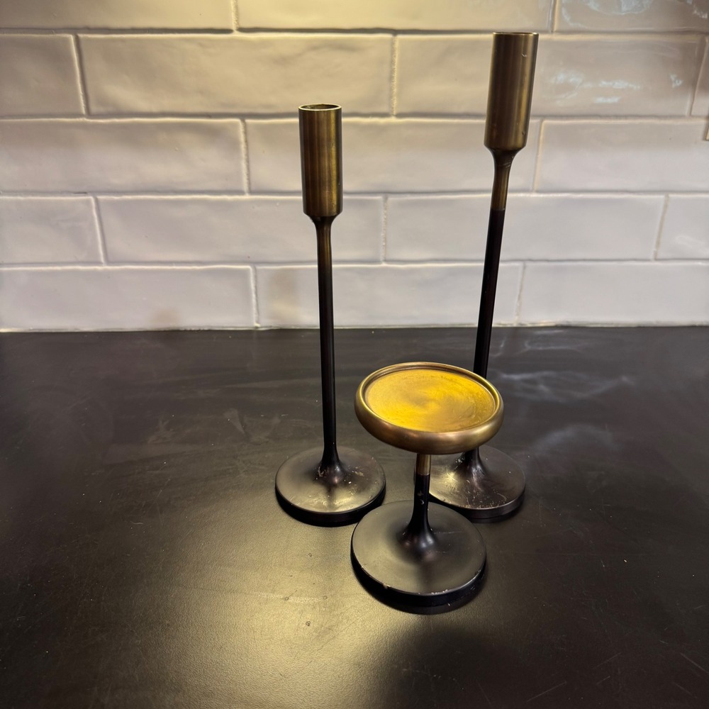 Crate & Barrel Emery Candle Holder Set 3pc Brass Black Mid-Century Modern Decor